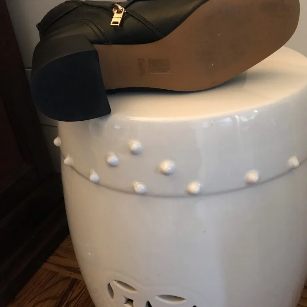 Coach Black Ankle Boots with Chunky Heel and Metallic Detail